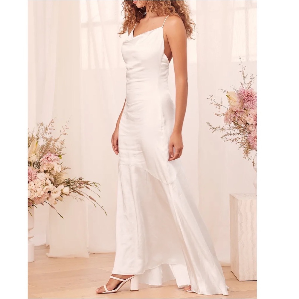 ELLIATT Aisle White Satin Cowl Neck Maxi Dress
